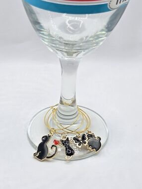 Black Cat Wine Glass Charms Set